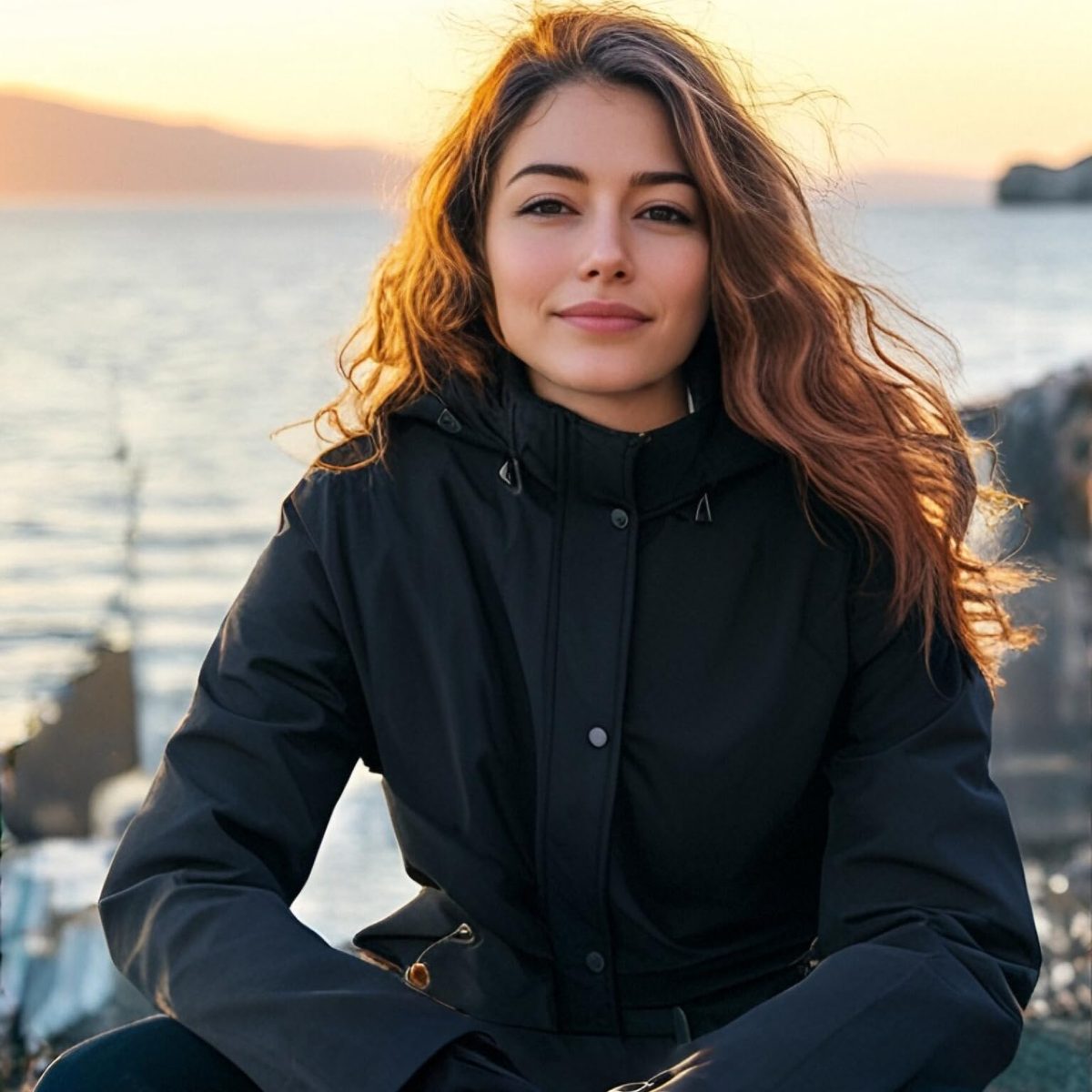 Woman in a black Genovega heated parka on a winter coast