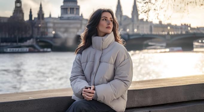 Cream Genovega heated puffer jacket by a river