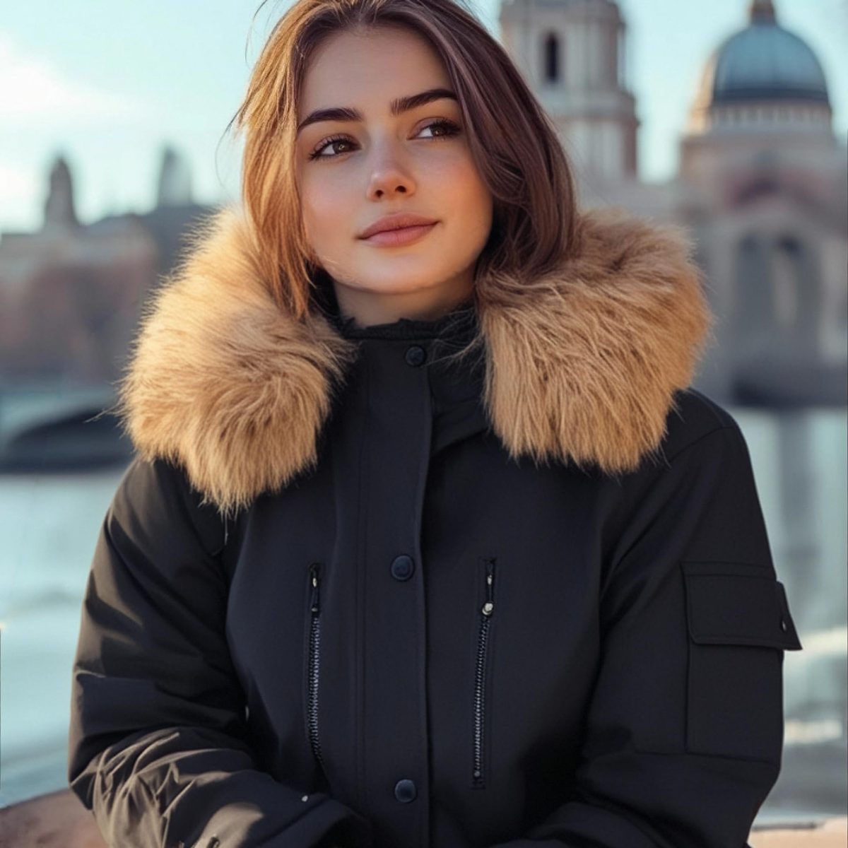 Woman in a heated parka with fur hood in an old town