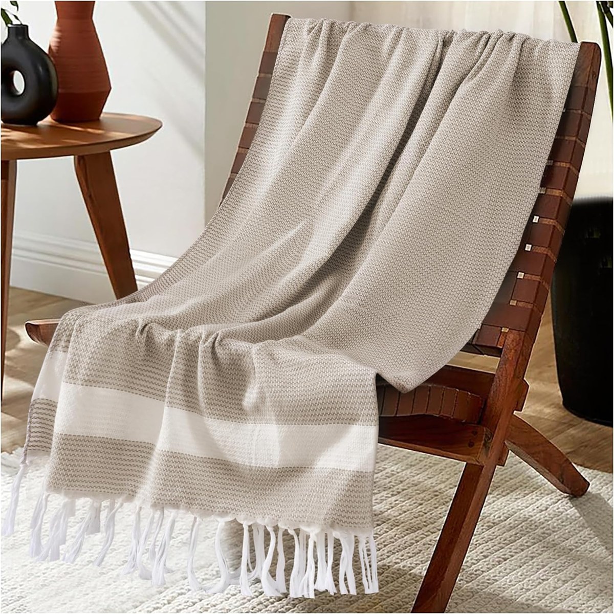 Genovega Lightweight Woven Throw Blanket, Beige