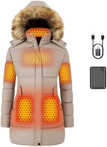 Long Heated Puffy Coat for Women, Battery Included, Option 5