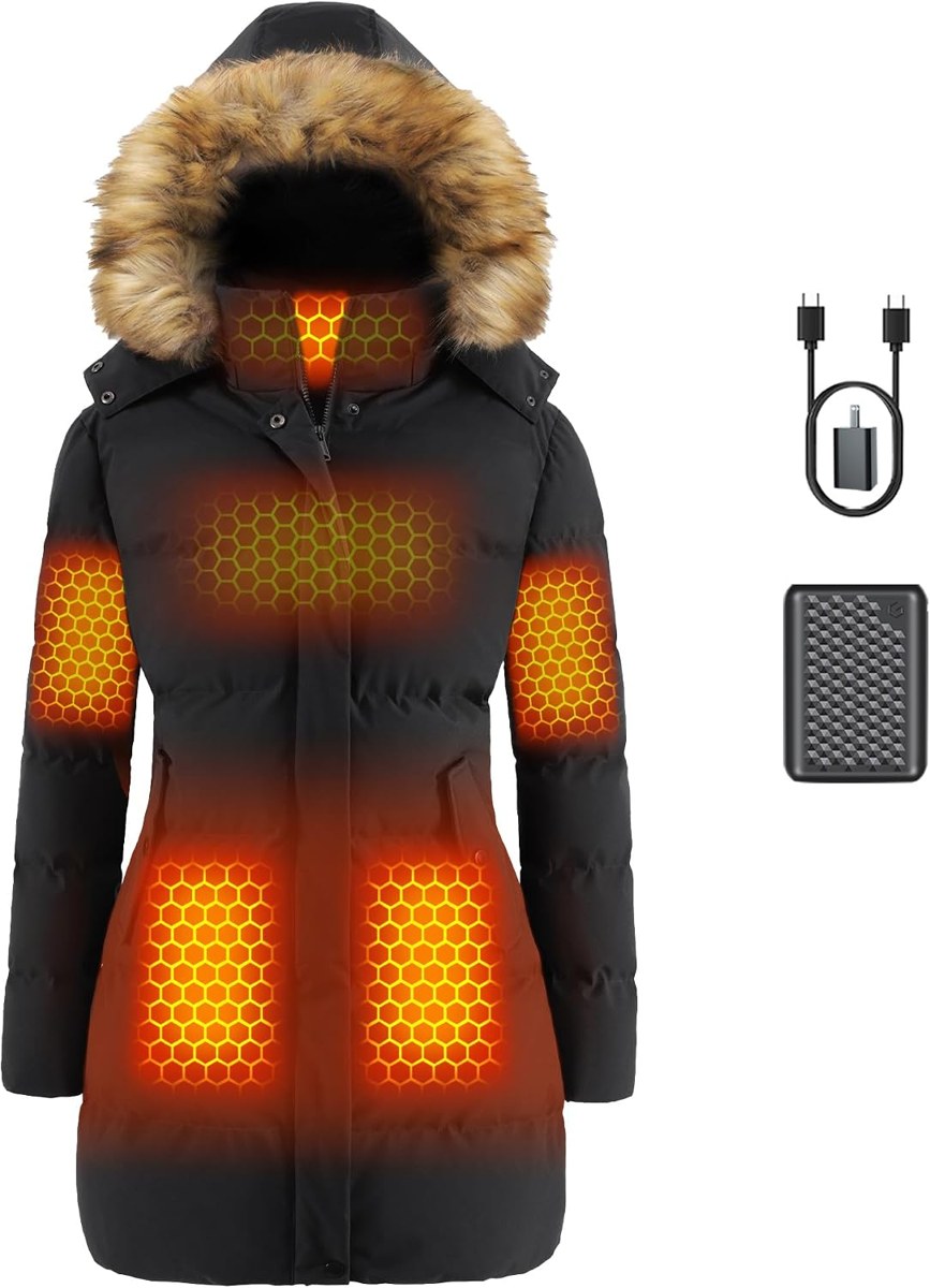 Genovega Long Heated Puffy Coat for Women, Battery Included