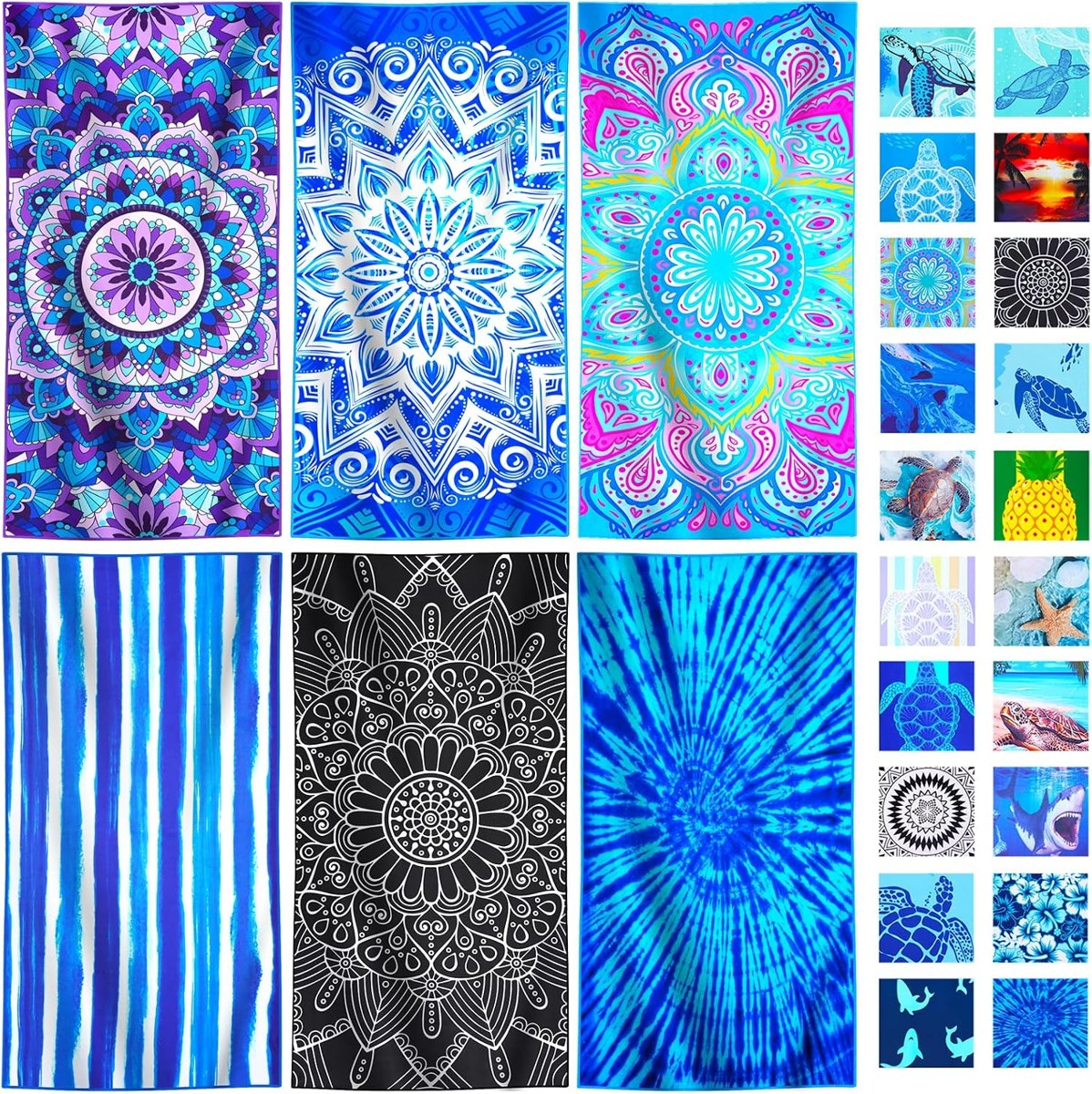 Genovega Microfiber Beach Towels 6-Pack, Double-Sided Prints