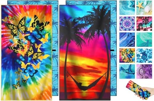 Microfiber Beach Towels 2-Pack, Sandproof, Neon Sunset Colorful Butterfly