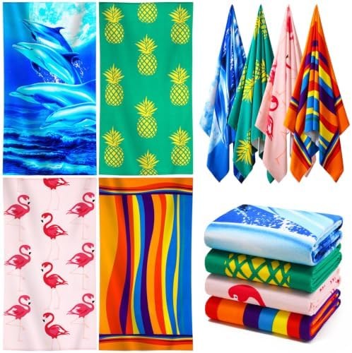 Oversized Beach Towel Set 4-Pack, Printed, Yellow Manstriped Little Firebird Pineapple