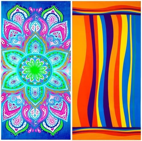 Oversized Beach Towels 2-Pack, Shark and Turtle, Orange Stripes Blue Flowers