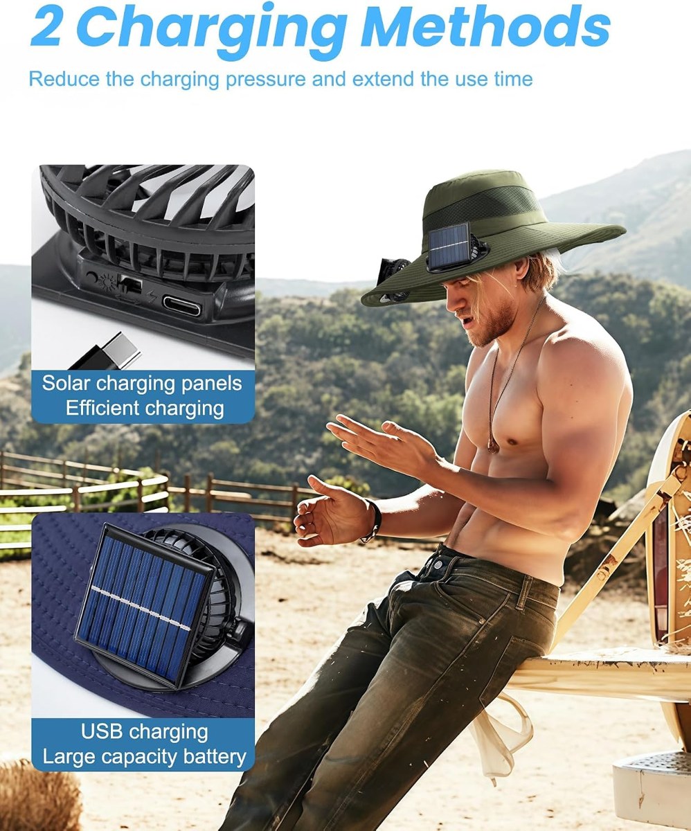 Genovega Wide Brim Sun Hat with 2 Solar Fans, UPF 50+, view 4