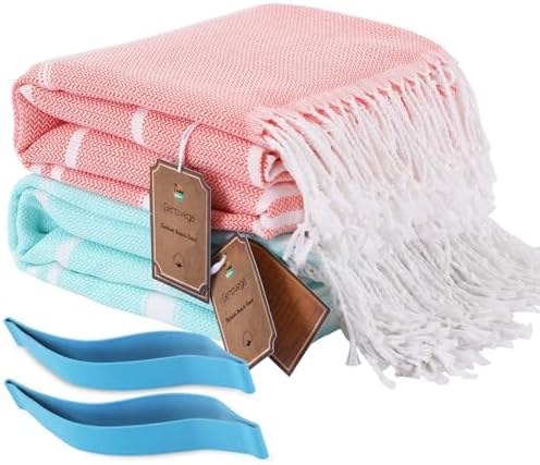 Sand-Free Turkish Beach Towel Set, Thinner Two Packs Coral Aqua