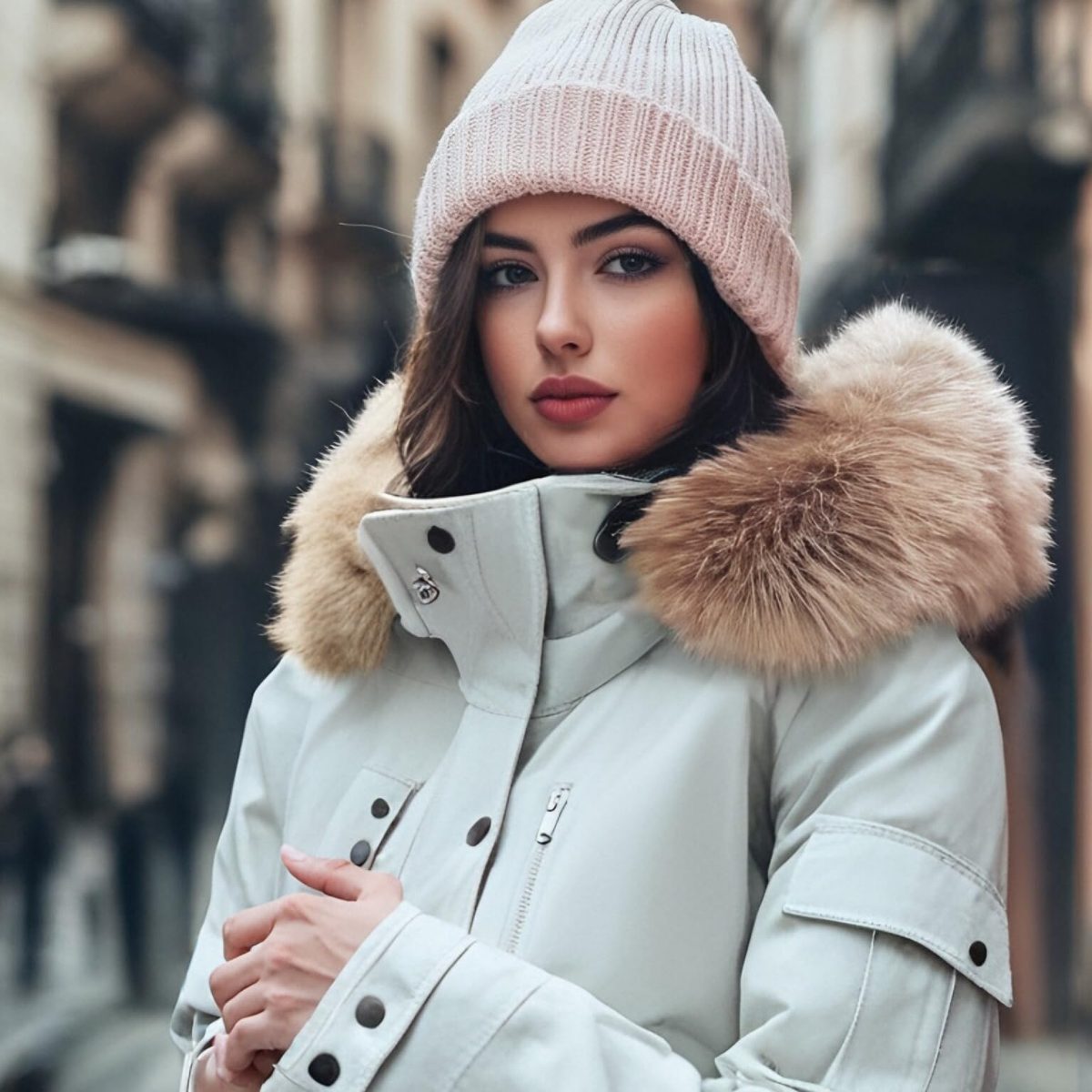 Woman in a white heated puffer and knit hat on a winter street