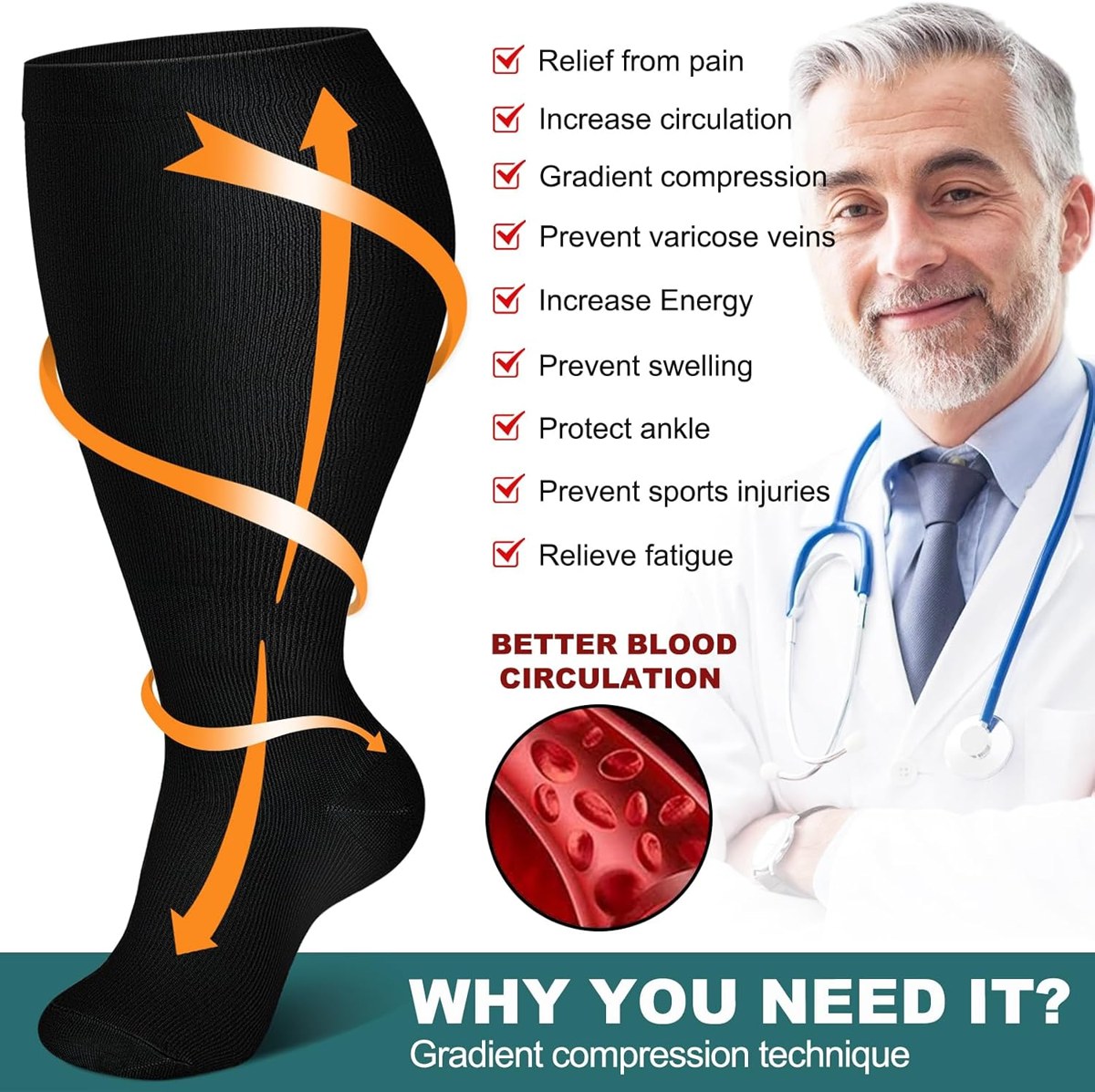 Genovega Wide Calf Compression Socks 3-Pack, view 5